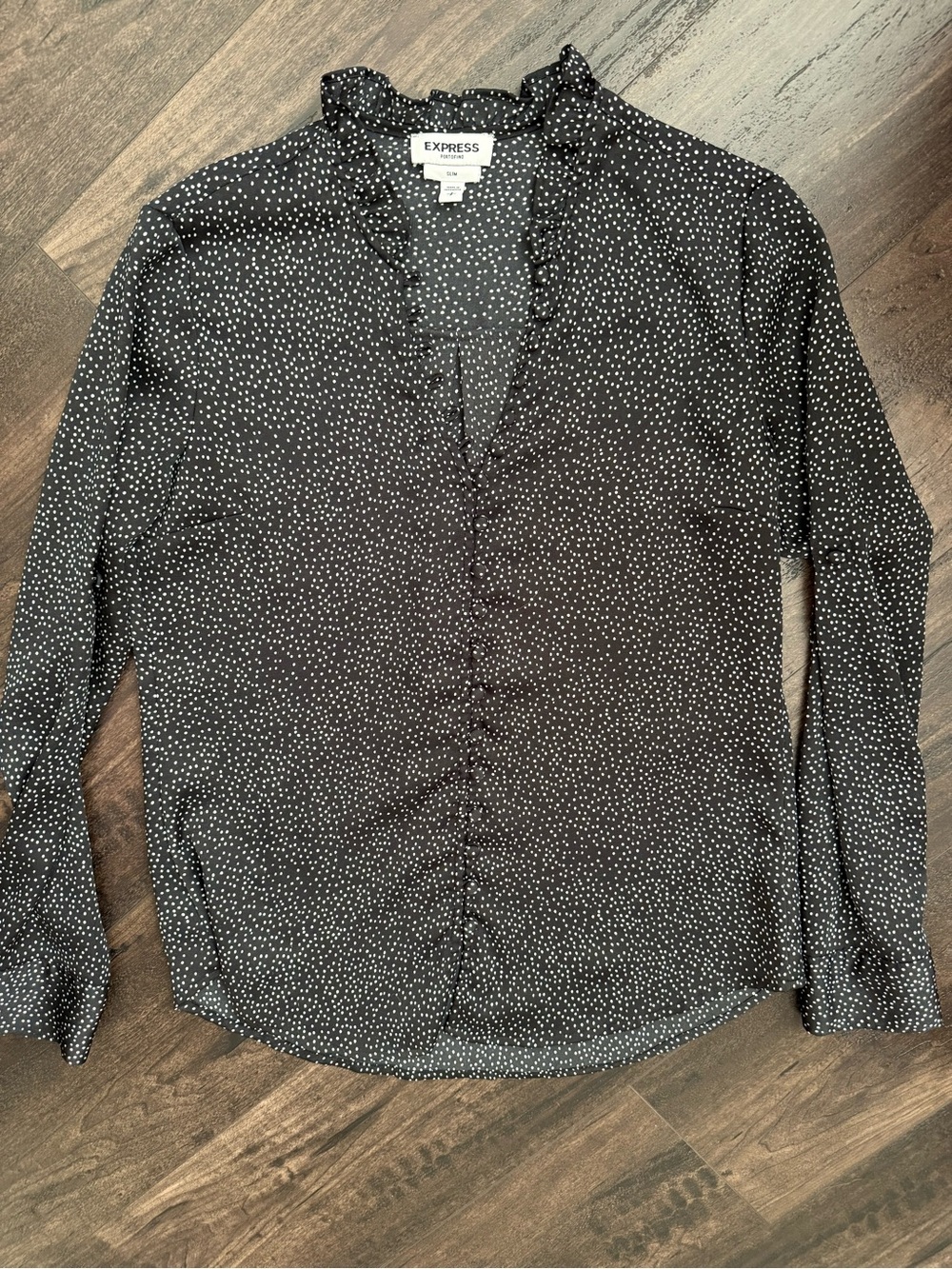 Express Portofino Slim Ruffle Blouse Polka Dot Loop Button Career Top S